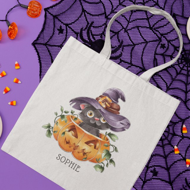 Cute Watercolor Halloween Pumpkin Cat Tygkasse (Skapare uppladdad)