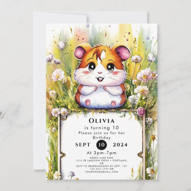 Cute Watercolor Hamster Birthday Inbjudningar (Framsida)