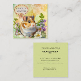Cute Watercolor Hamster Flowers Grönt Fyrkantigt Visitkort