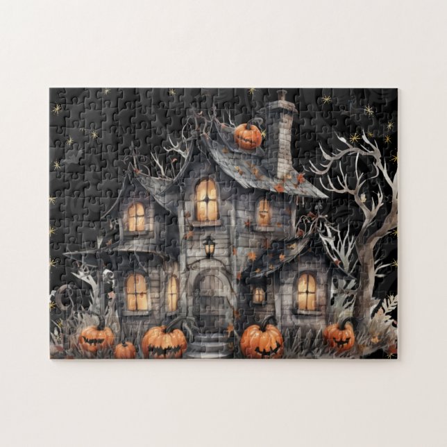 Cute Watercolor Haunted House Halloween Pussel (Horisontell)