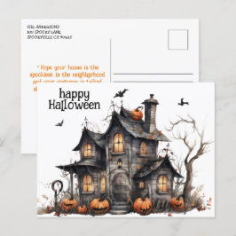 Cute Watercolor Haunted House Halloween Vykort