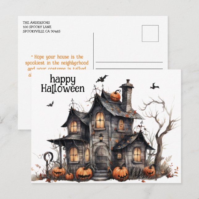 Cute Watercolor Haunted House Halloween Vykort (Fram/baksida)