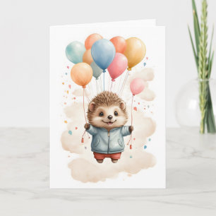Cute Watercolor Hedgehog Flytande i Luft Blank Kort