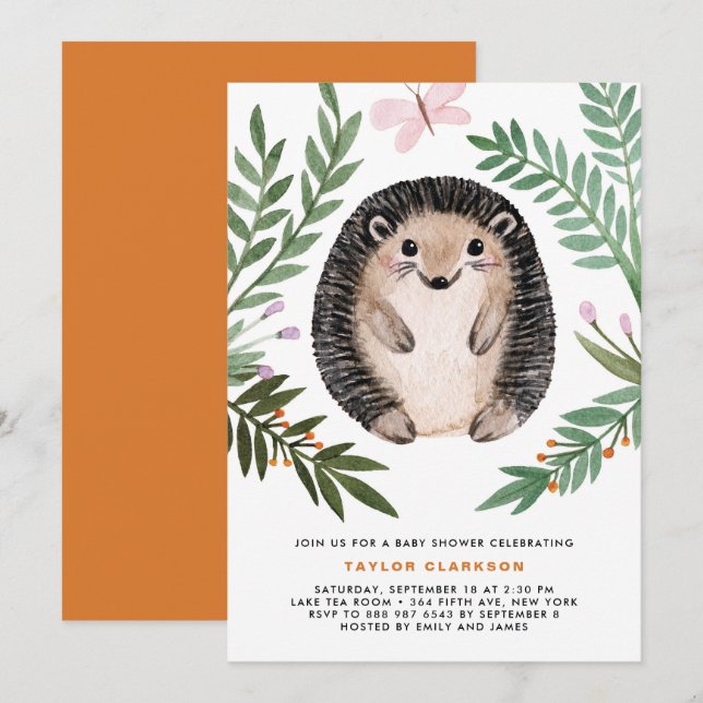 Cute Watercolor Hedgehog Greenery Baby Shower Inbjudningar (Fram/baksida)