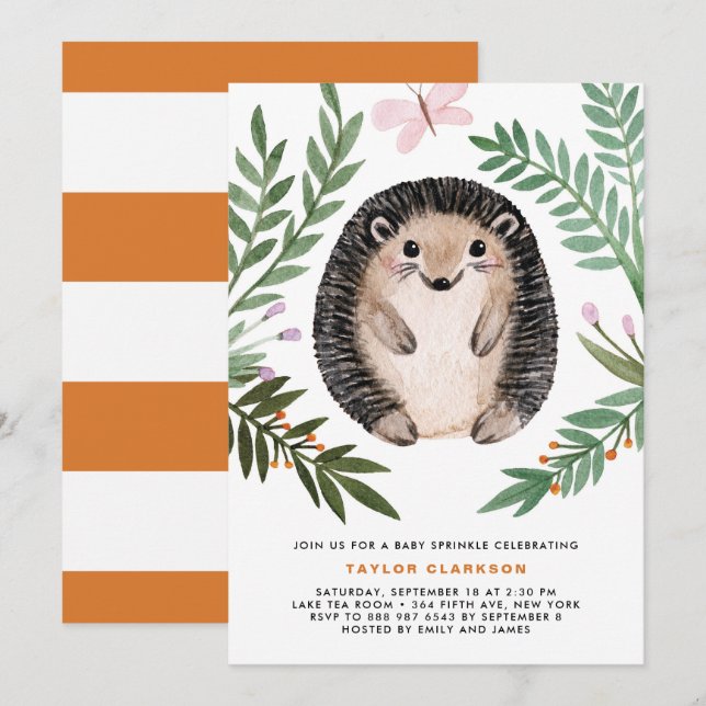 Cute Watercolor Hedgehog Greenery Baby Sprinkle Inbjudningar (Fram/baksida)