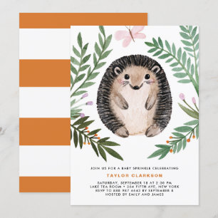 Cute Watercolor Hedgehog Greenery Baby Sprinkle Inbjudningar