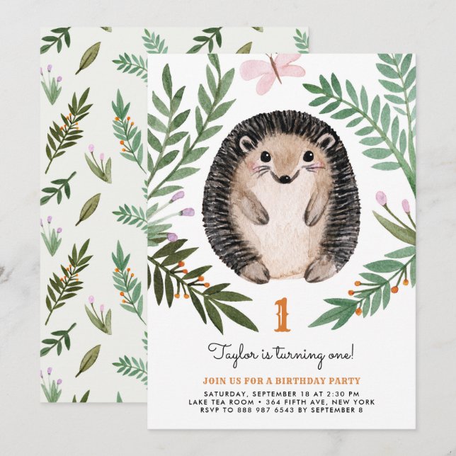 Cute Watercolor Hedgehog Greenery First Birthday Inbjudningar (Fram/baksida)