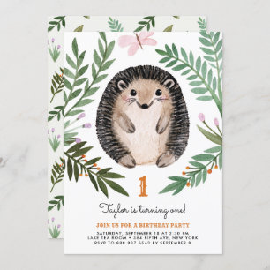 Cute Watercolor Hedgehog Greenery First Birthday Inbjudningar