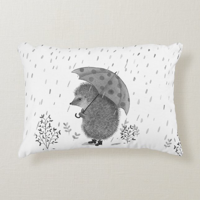 Cute Watercolor Hedgehog Rainy Day Whimsical Prydnadskudde (Framsidan)