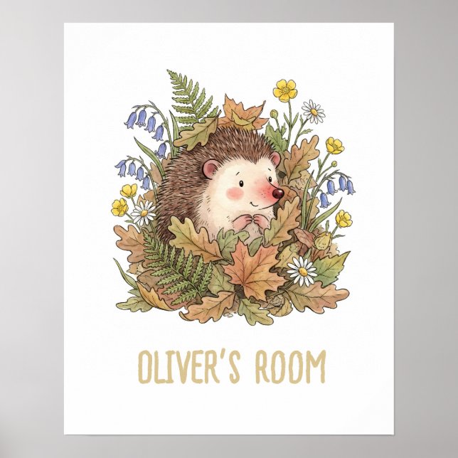 Cute Watercolor Hedgehog & Wildflowers Nursery  Poster (Framsidan)