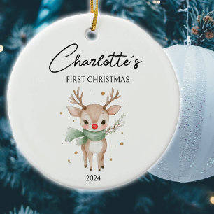 Cute Watercolor Hjort Anpassningsbar Baby Första j Julgransprydnad Keramik