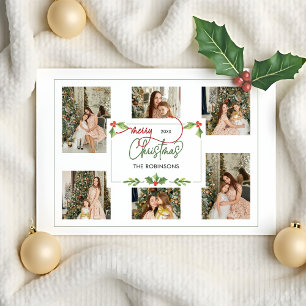 Cute Watercolor Holly God jul Multi Photo Julkort