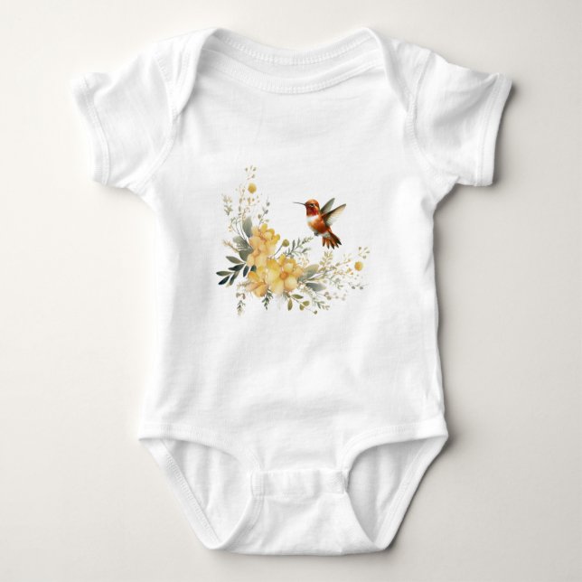 Cute Watercolor Hummingbird Bird Gula blommor T Shirt (Framsida)