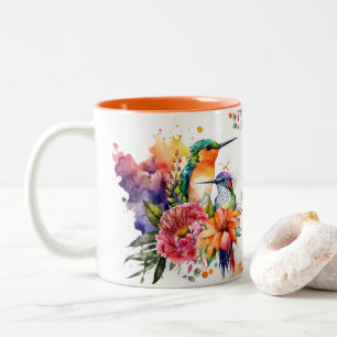 Cute Watercolor Hummingbird och Exotic Flowers Två-Tonad Mugg