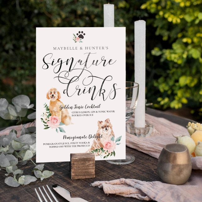 Cute Watercolor Hundar par Namnteckning Drinks Poster (Cute Watercolor Dogs Couple's Signature Drinks Poster)