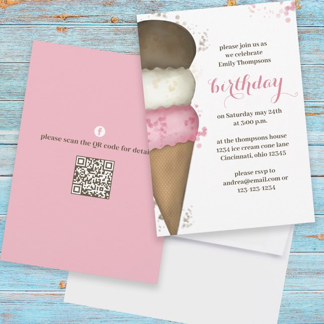Cute Watercolor Ice Cream Cone Birthday QR Code Inbjudningar (Skapare uppladdad)