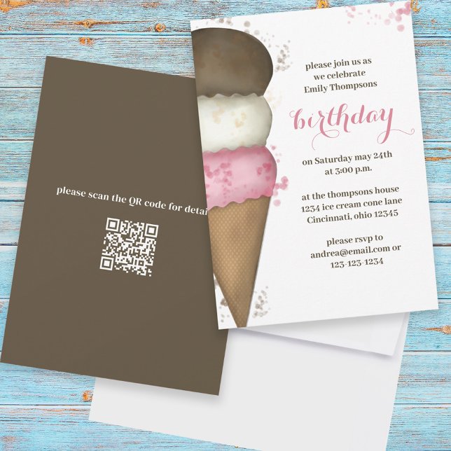 Cute Watercolor Ice Cream Cone Birthday QR Code Inbjudningar (Skapare uppladdad)