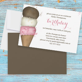 Cute Watercolor Ice Cream Cone Födelsedagsfest Inbjudningar