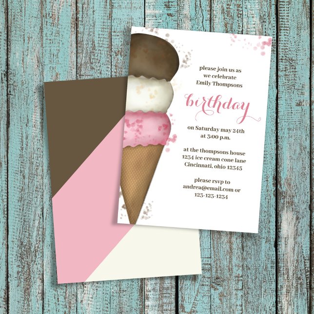 Cute Watercolor Ice Cream Cone Födelsedagsfest Inbjudningar (Ice cream birthday party invitations)