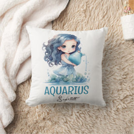 Cute Watercolor Illustration Aquarius Zodiac Namn Kudde