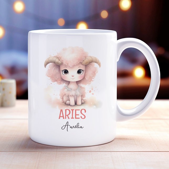 Cute Watercolor Illustration of Aries Zodiac Namn Kaffemugg (Cute Watercolor Illustration of Aries Zodiac Name Coffee Mug)