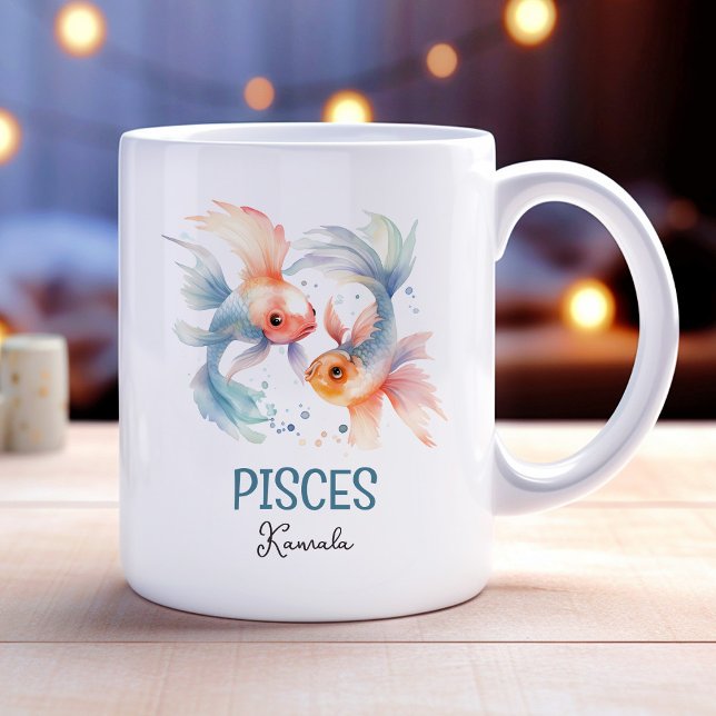 Cute Watercolor Illustration Pisces Zodiac Namn Kaffemugg (Cute Watercolor Illustration Pisces Zodiac Name Coffee Mug)