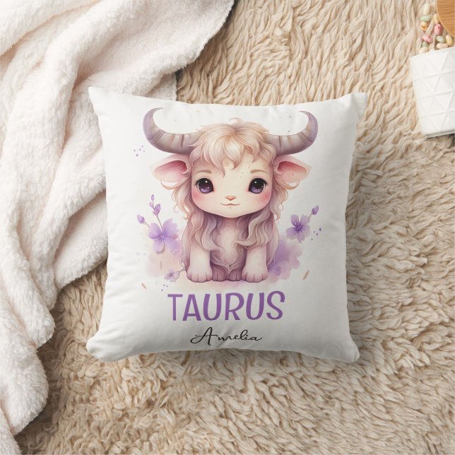 Cute Watercolor Illustration Taurus Zodiac Namn Kudde (Filt)