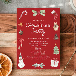 Cute Watercolor Illustrations Red Christmas Party Inbjudningar