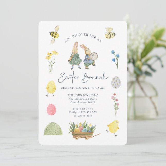 Cute Watercolor, Ilustrative Påsk Brunch Inbjudningar (Stående Fram)