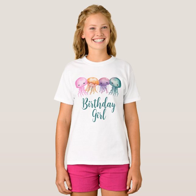 Cute Watercolor Jellyfish under Sea Birthday T Shirt (Hel framsida)