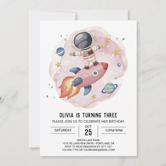 Cute Watercolor Journey Astronaut Birthday Inbjudningar (Framsida)
