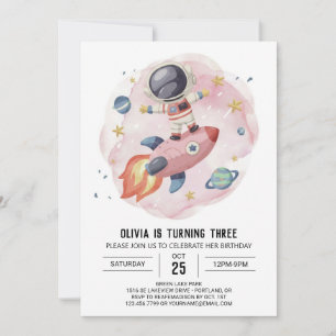 Cute Watercolor Journey Astronaut Birthday Inbjudningar