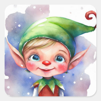 Cute Watercolor-jul Elf med lång Öron Fyrkantigt Klistermärke