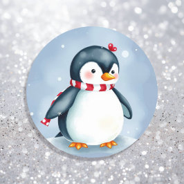 Cute Watercolor jul Penguin med Scarf Runt Klistermärke