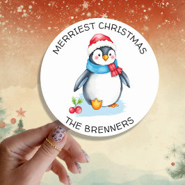 Cute Watercolor jul Penguin Personlig Runt Klistermärke