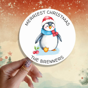 Cute Watercolor jul Penguin Personlig Runt Klistermärke