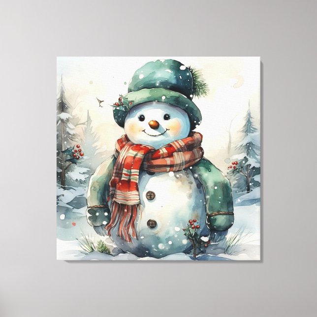 Cute Watercolor jul Snögubbe Canvastryck (Framsida)