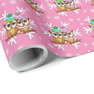 Cute Watercolor jul Uggla och Snöflingor Rosa Presentpapper