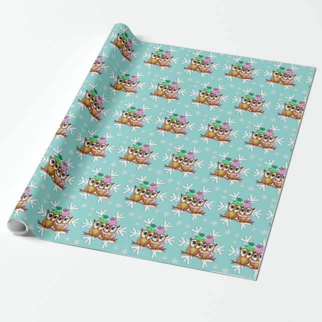 Cute Watercolor jul Uggla och Snöflingor Teal Presentpapper (Utrullad)