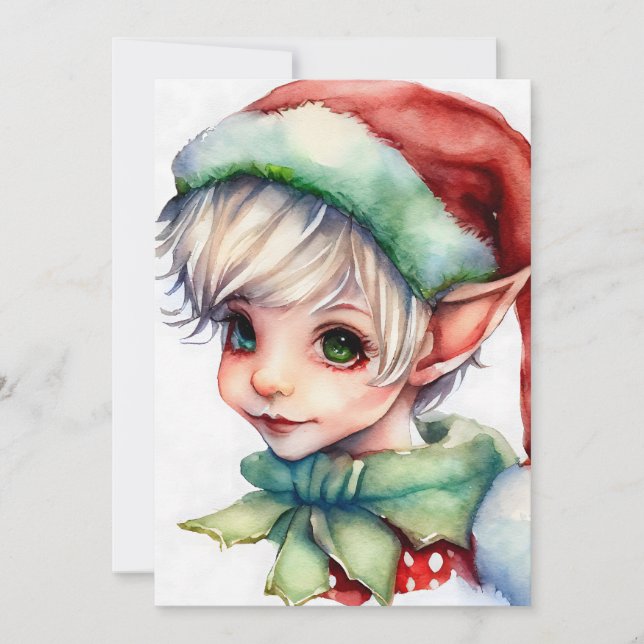 Cute Watercolor-julen Elf i Santa Hat Julkort (Framsida)