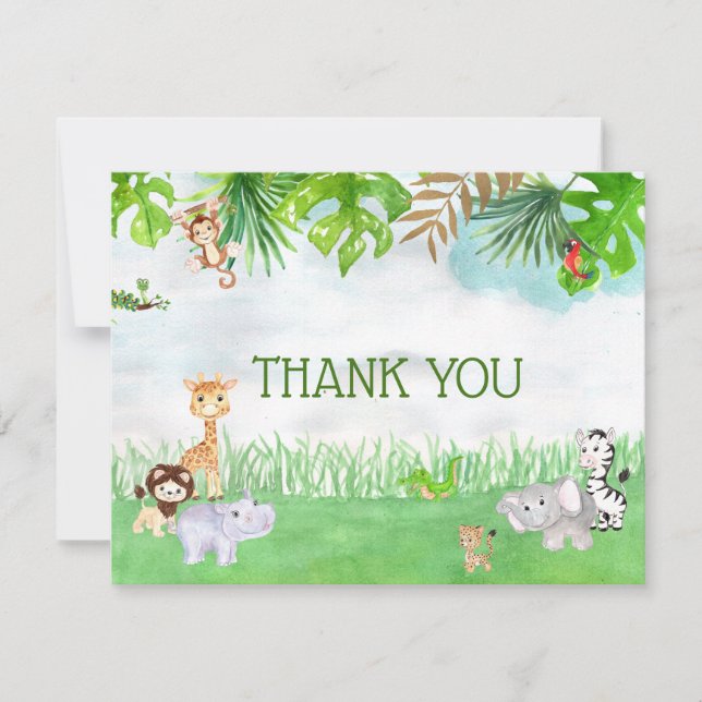 Cute Watercolor Jungle Safari Animals, Tack Inbjudningar (Framsida)