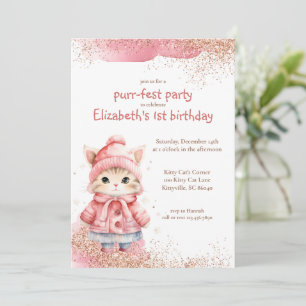 Cute Watercolor Kattunge Winter Jackar födelsedage Inbjudningar