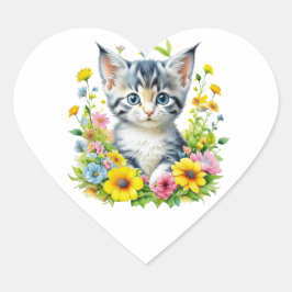 Cute Watercolor Kitten i Flowers Hjärtformat Klistermärke