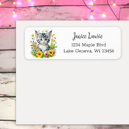 Cute Watercolor Kitten i Flowers Returadress Etikett