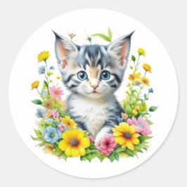 Cute Watercolor Kitten i Flowers Runt Klistermärke
