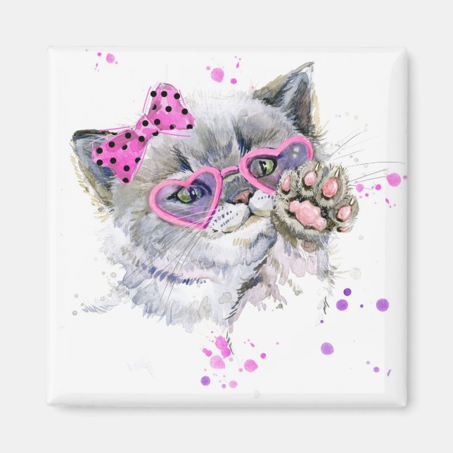 Cute Watercolor Kitten Magnet (Framsidan)