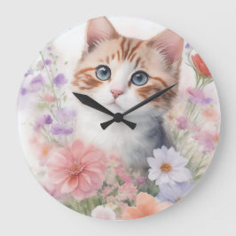 Cute Watercolor Kitten med Blommigt Stor Klocka