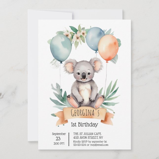 Cute Watercolor Koala med födelsedagsballonger Inbjudningar (Framsida)