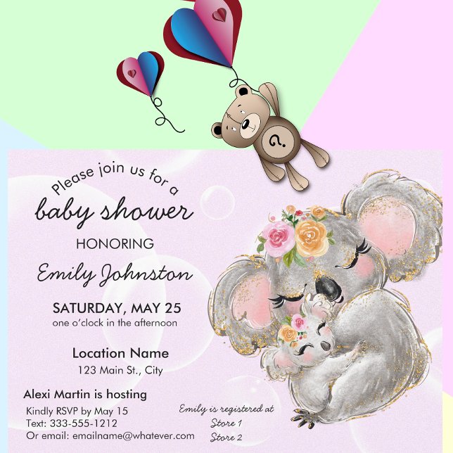 Cute Watercolor Koala Rosa Baby Shower Inbjudan (Skapare uppladdad)