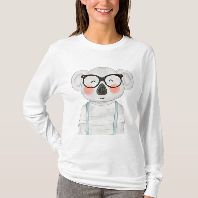 Cute Watercolor Koala with Glasses T Shirt (Framsida)